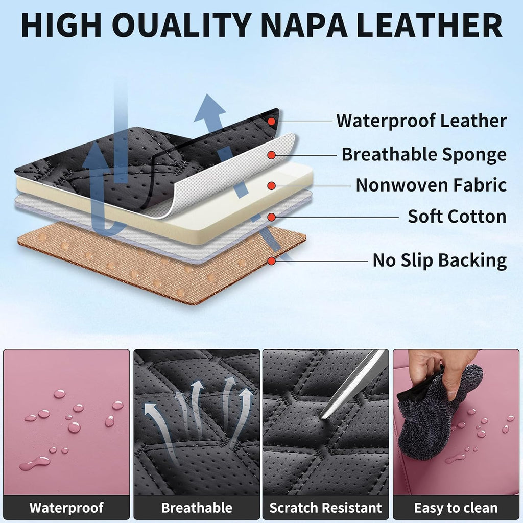 Car Seat Covers, Luxury Faux Leather Waterproof Non-Slip Seat Protector Universal Fit for Most Cars SUVs Trucks Pick-ups,Car Interior Accessories (Pink Black, Full Set)
