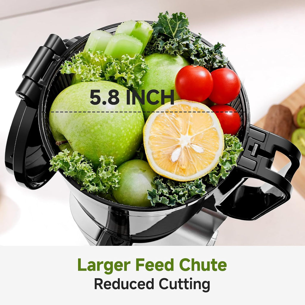 AMZCHEF Cold Press Juicer – 5.8' Wide Mouth Hopper for Whole Recipe Loading, Self Feeding for Hands-Free Operation, Zero Waste Masticating Juicer For More Juice, Less Pulp – Triple Strainers