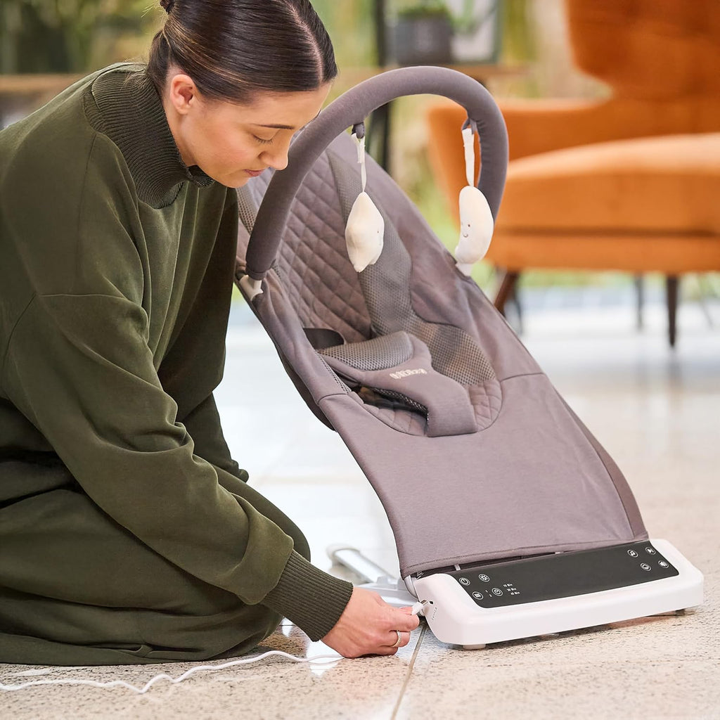 Nuby Deluxe Baby Bouncer Seat - Portable Infant Bouncer with Music, Fun Sounds, and Soothing Vibrations - Digital Display - 0-6 Months - Gray