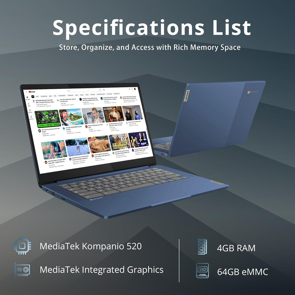 Lenovo IdeaPad Slim 3 Chromebook, 14″ FHD IPS Touchscreen Laptop, MediaTek Kompanio 520 Processor, 4GB RAM, 64GB eMMC, Webcam, Regular Keyboard, WiFi6, Chrome OS, Abyss Blue, 128GB Hotface USB Card