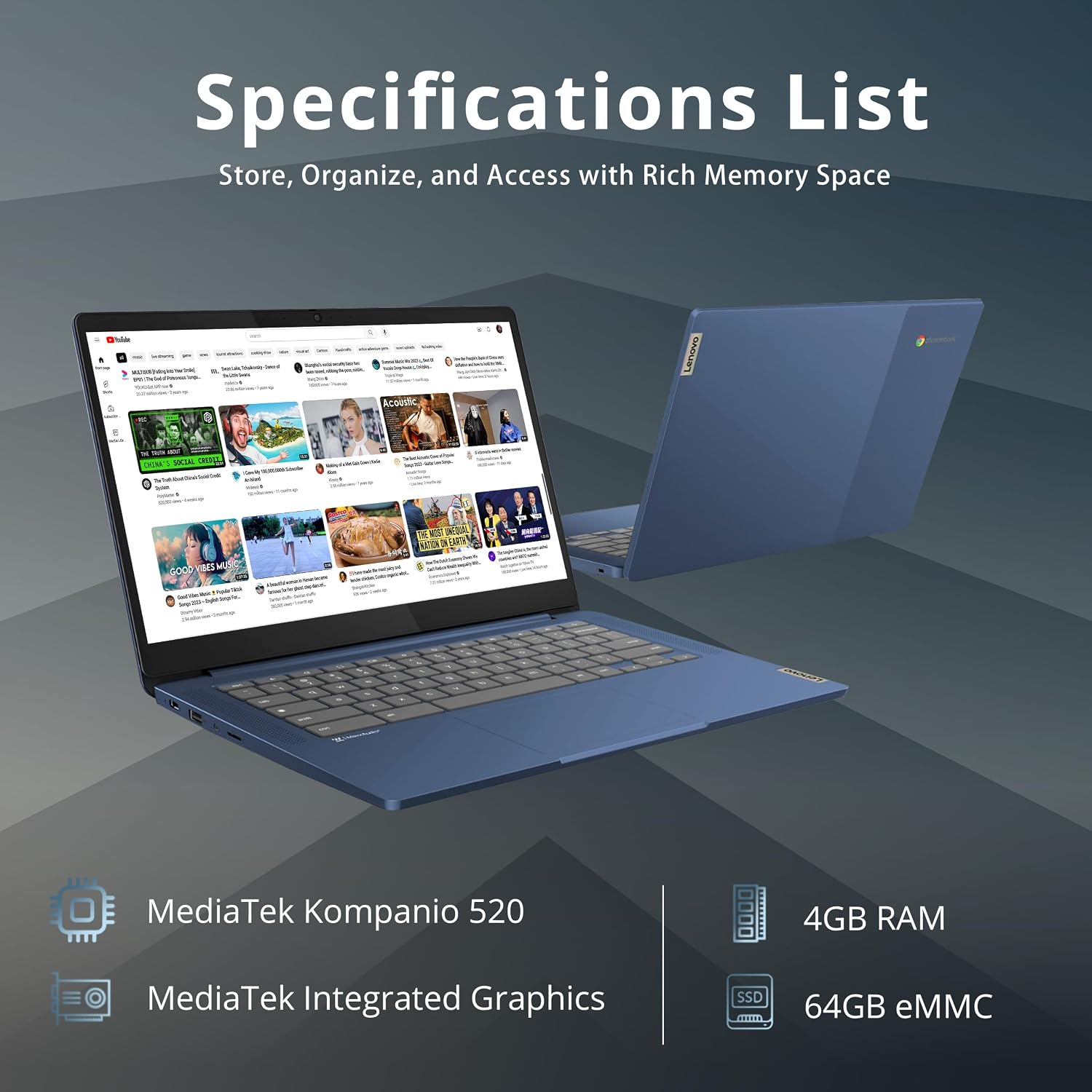 Lenovo IdeaPad Slim 3 Chromebook, 14″ FHD IPS Touchscreen Laptop, MediaTek Kompanio 520 Processor, 4GB RAM, 64GB eMMC, Webcam, Regular Keyboard, WiFi6, Chrome OS, Abyss Blue, 128GB Hotface USB Card