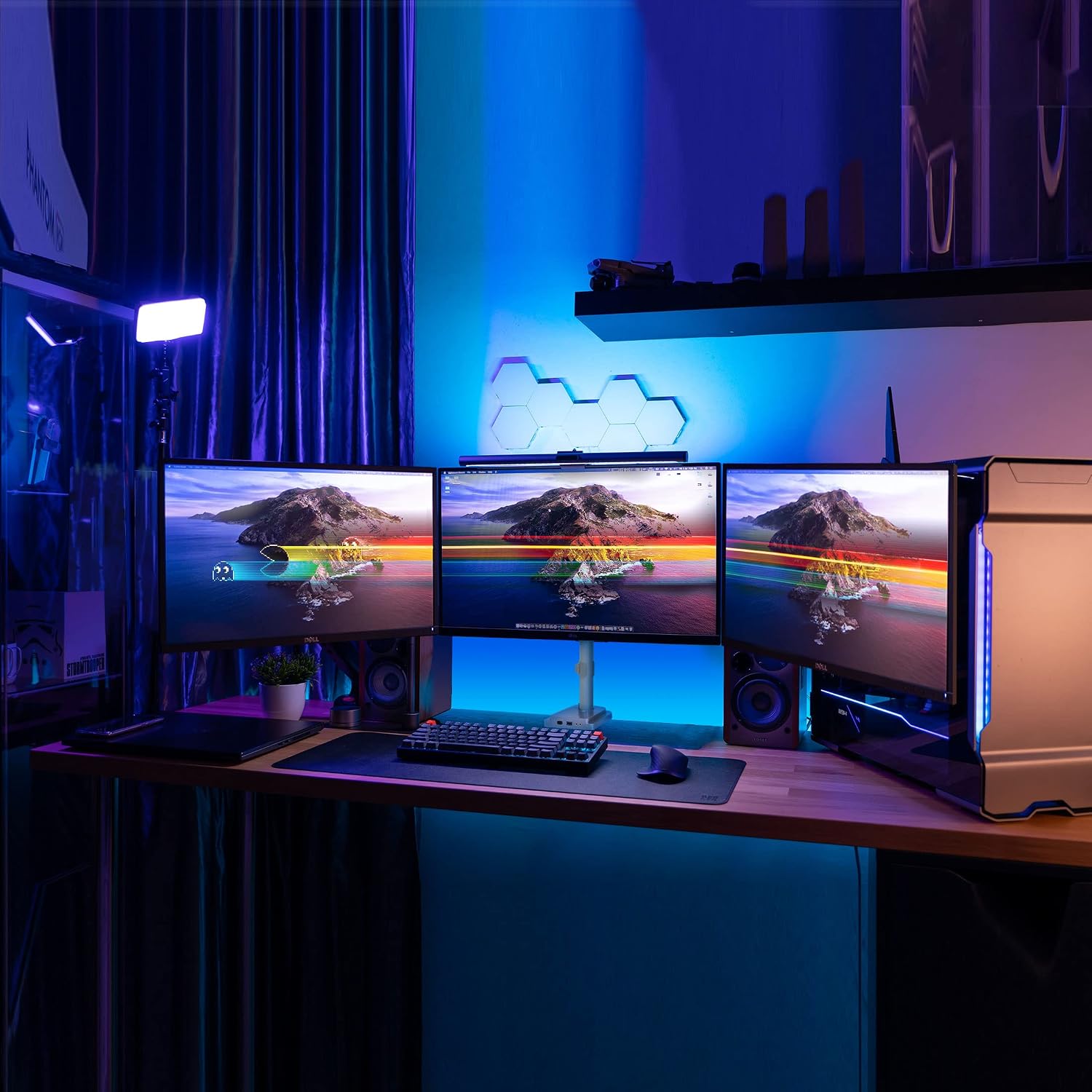Mount-It! Triple Monitor Mount with Gas Spring Arms, Fits 24–32 Inch Screens, USB & Audio Ports, Full Motion Desk Stand with Tilt, Swivel & Rotation, Heavy Duty Silver 3 Screen Arm with Clamp