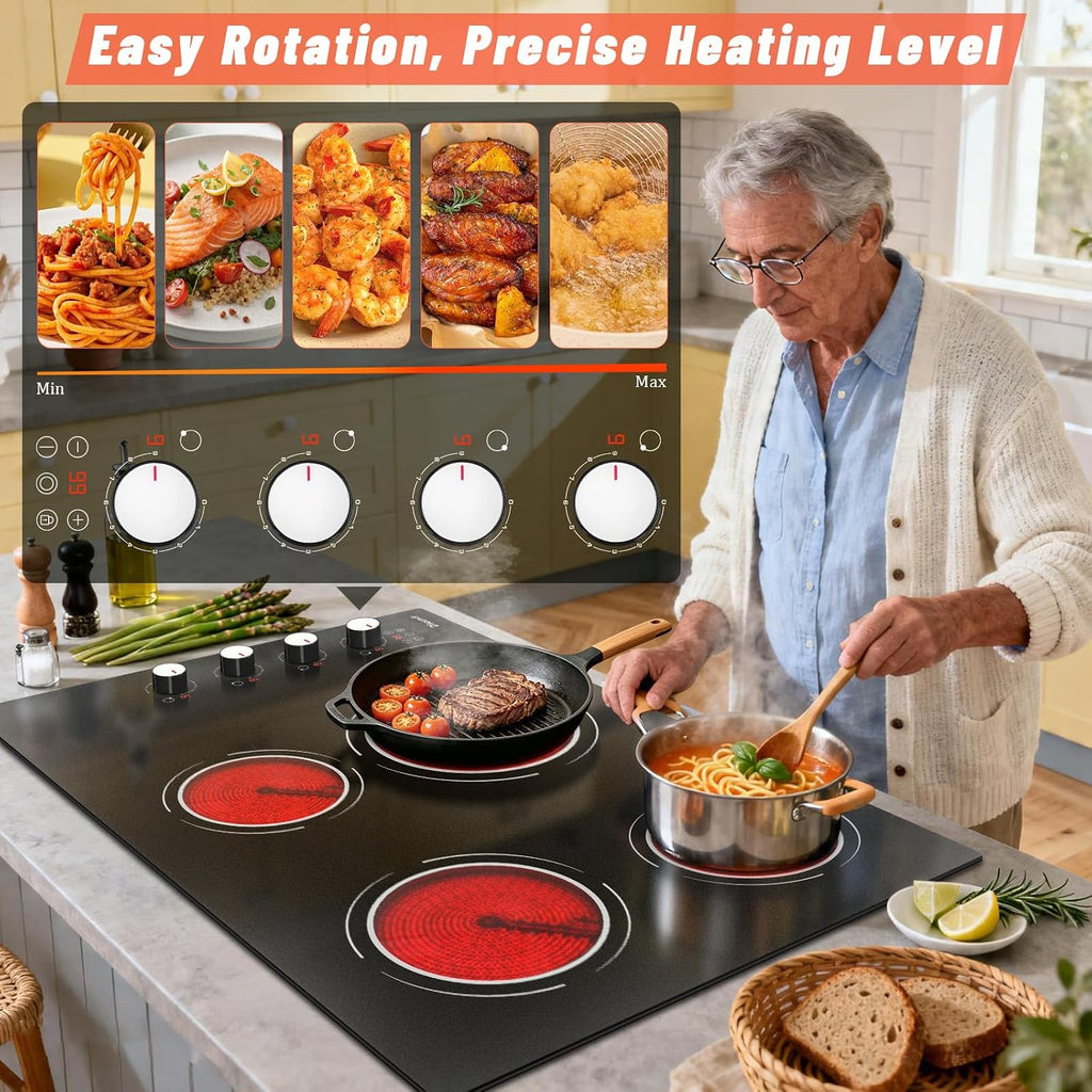 30 Inch Electric Cooktop - 4 Burner Built-in(29.13'x19.3') Ceramic Stove Top 6700W, 30' Electric Cook Top with Timer, Safety Lock, Pause, Dual Ring, 220V - 240V Hard Wired (White Knob)