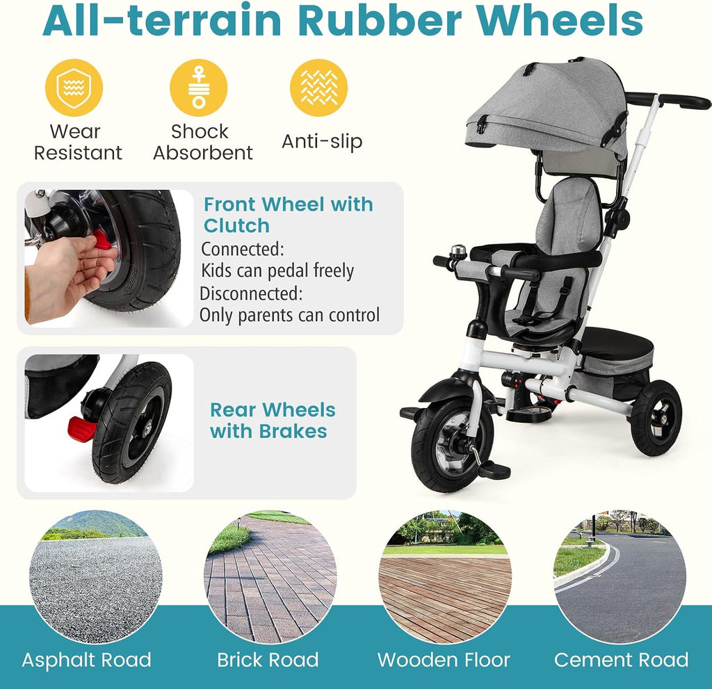 HONEY JOY Tricycle, 5-in-1 Folding Baby Trike Stroller w/Adjustable Handle & Canopy, Reversible Seat, Safety Belt, Folding Pedal, Bell, Storage, Push Tricycle for Toddlers 1-5 Years Old (Gray)