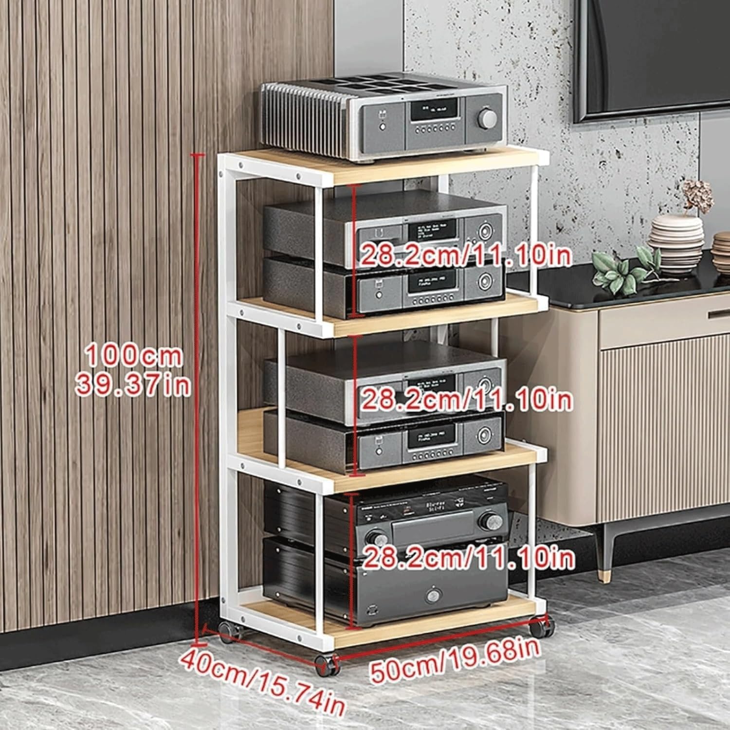 Audio Rack 3/4 Tier Stereo Rack Audio Equipment Rack Audio Stereo Shelf Wooden Open Movable Audio-Video Shelving with Wheels AV Stand(Wei�,100cm)