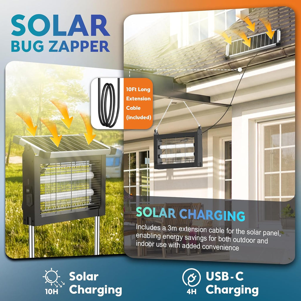 PhatroyYee Solar Bug Zapper Outdoor Indoor, 4000mAh Rechargeable Portable Fly Zapper, 4500V Electric Mosquito Killer with Panel Sensor & 10FT Extension Cord, Waterproof for Patio Camping Home Backyard