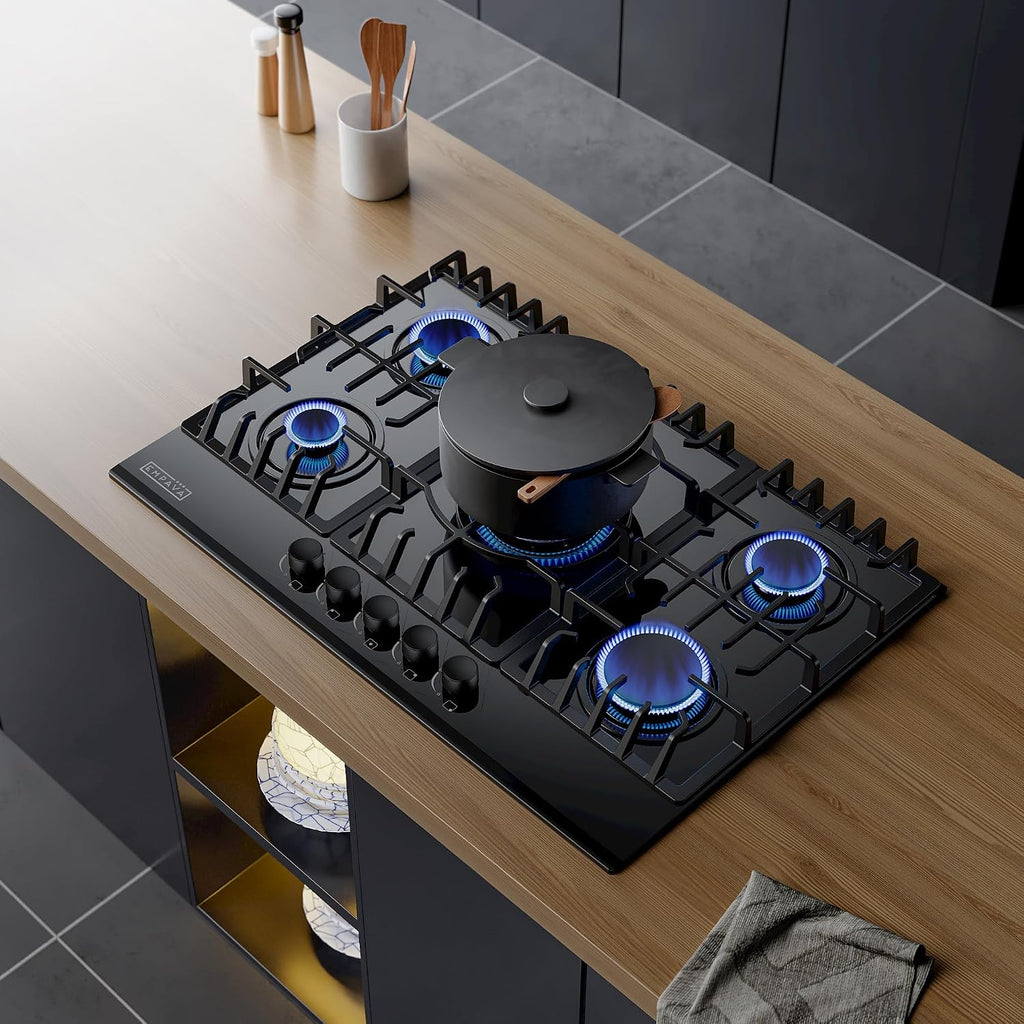 Empava 30' Gas Stove Cooktop LPG/NG Convertible with 5 Italy SABAF Burners Tempered Glass in Black, 30 Inch