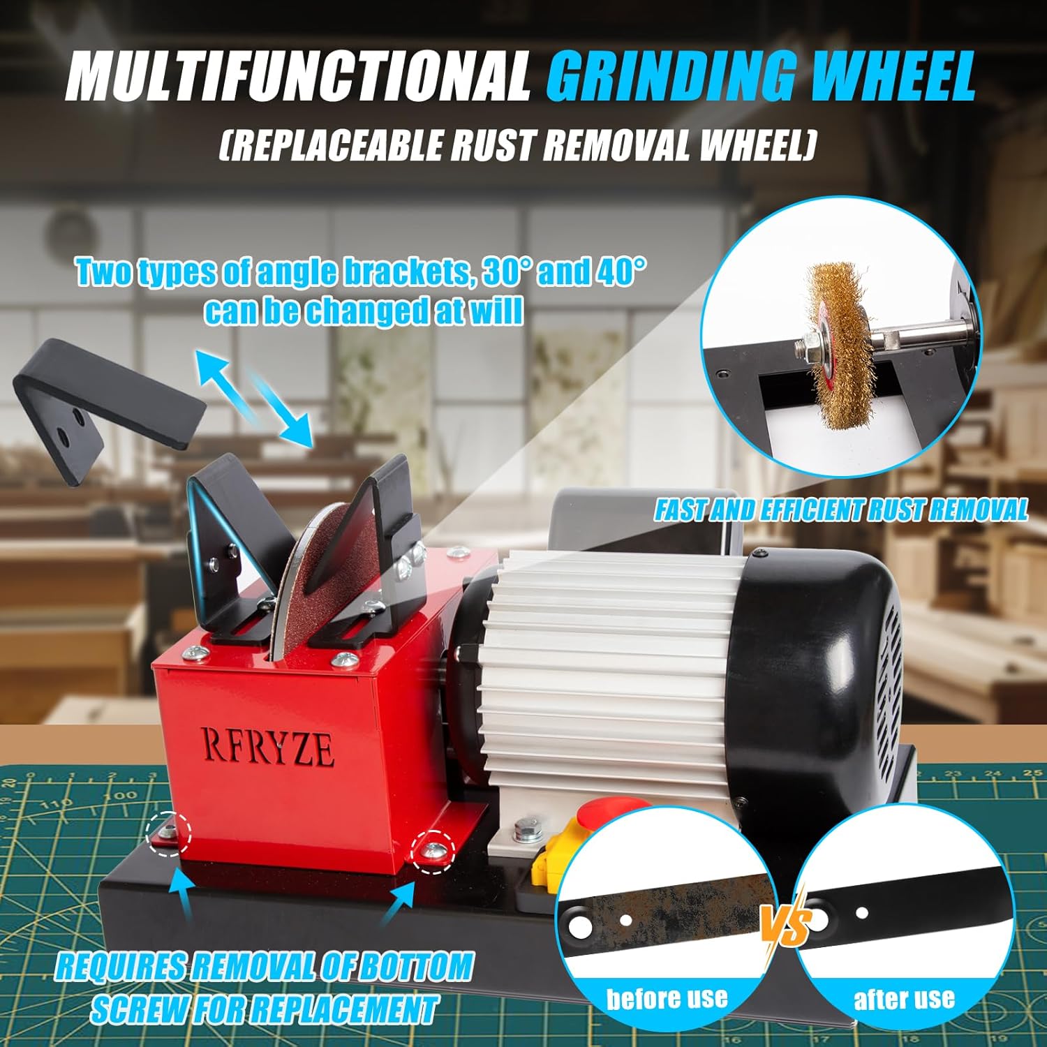 Lawn Mower Blade Sharpener 550W 1700 RPM, 3/4HP Bench Grinder with 7-Inch Ceramic Wheel, Adjustable Angle Sharpener for High Lift, Low Lift, Gator & Flat Blades