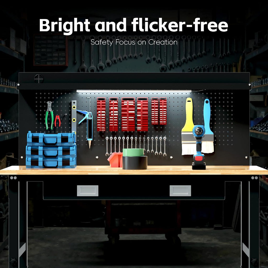 Betterhood 60' Heavy Duty Adjustable Workbench with Large Pegboard & LED Light, Adjustable Work Table with Power Outlets & Lockable Wheels, Rubber Wood Workstation for Garage, Workshop, Office, Home