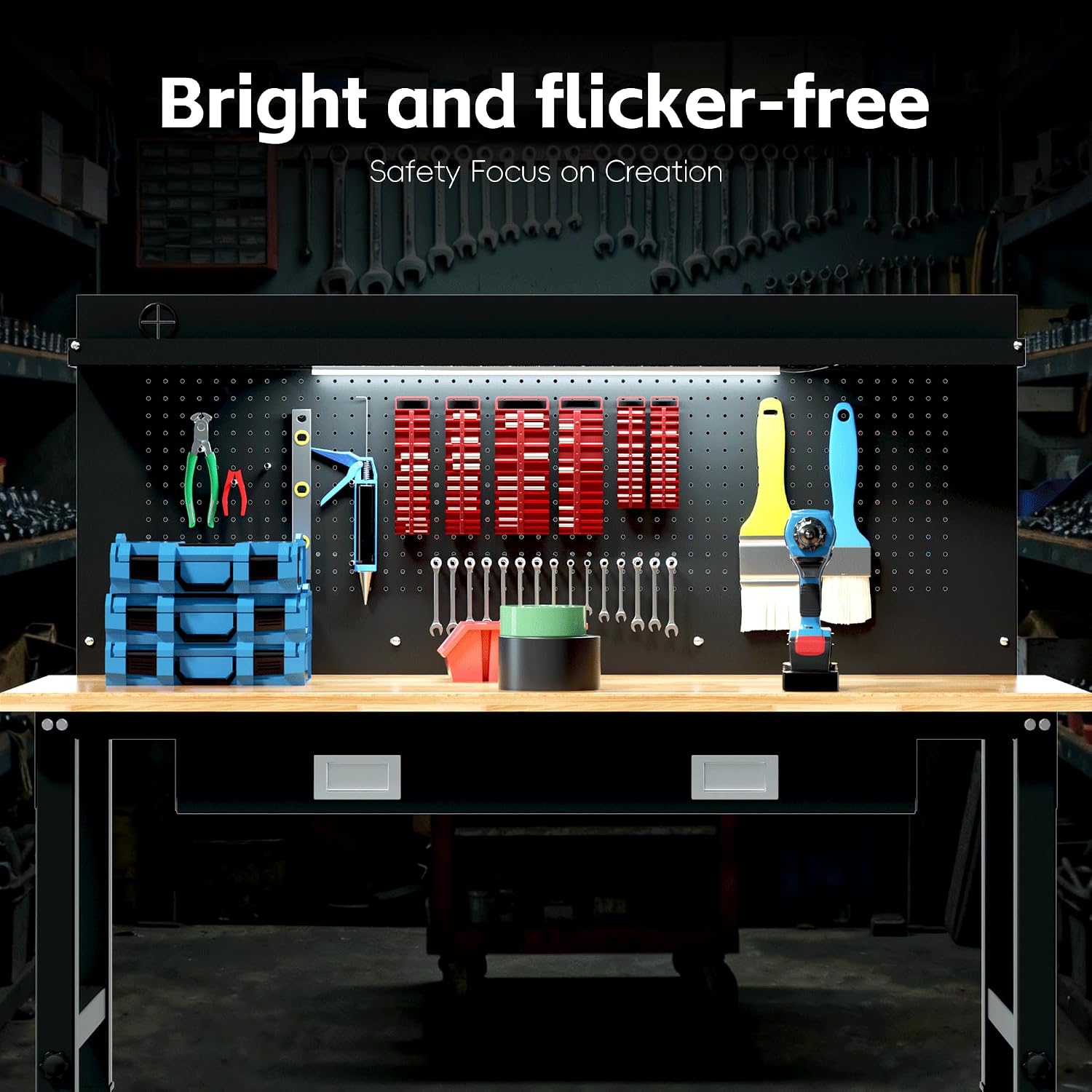 Betterhood 60' Heavy Duty Adjustable Workbench with Large Pegboard & LED Light, Adjustable Work Table with Power Outlets & Lockable Wheels, Rubber Wood Workstation for Garage, Workshop, Office, Home