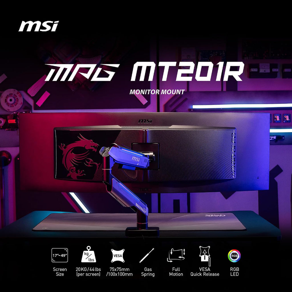 MSI MPG MT201R - Premium RGB Single Monitor Stand Arm, Supports 17-49' Screens and 44 lbs, VESA Compatible, Adjustable Heavy Duty Gas Spring Mount, Clamp & Grommet, Quick Release Plate - Gray