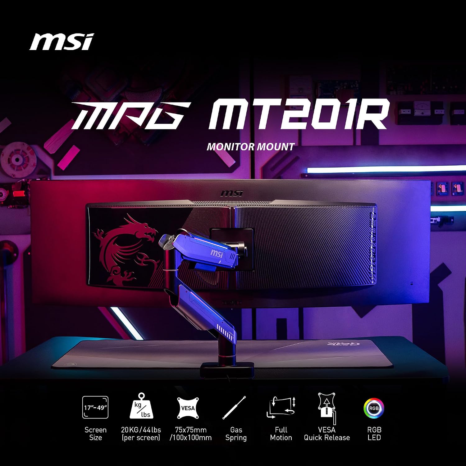 MSI MPG MT201R - Premium RGB Single Monitor Stand Arm, Supports 17-49' Screens and 44 lbs, VESA Compatible, Adjustable Heavy Duty Gas Spring Mount, Clamp & Grommet, Quick Release Plate - Gray