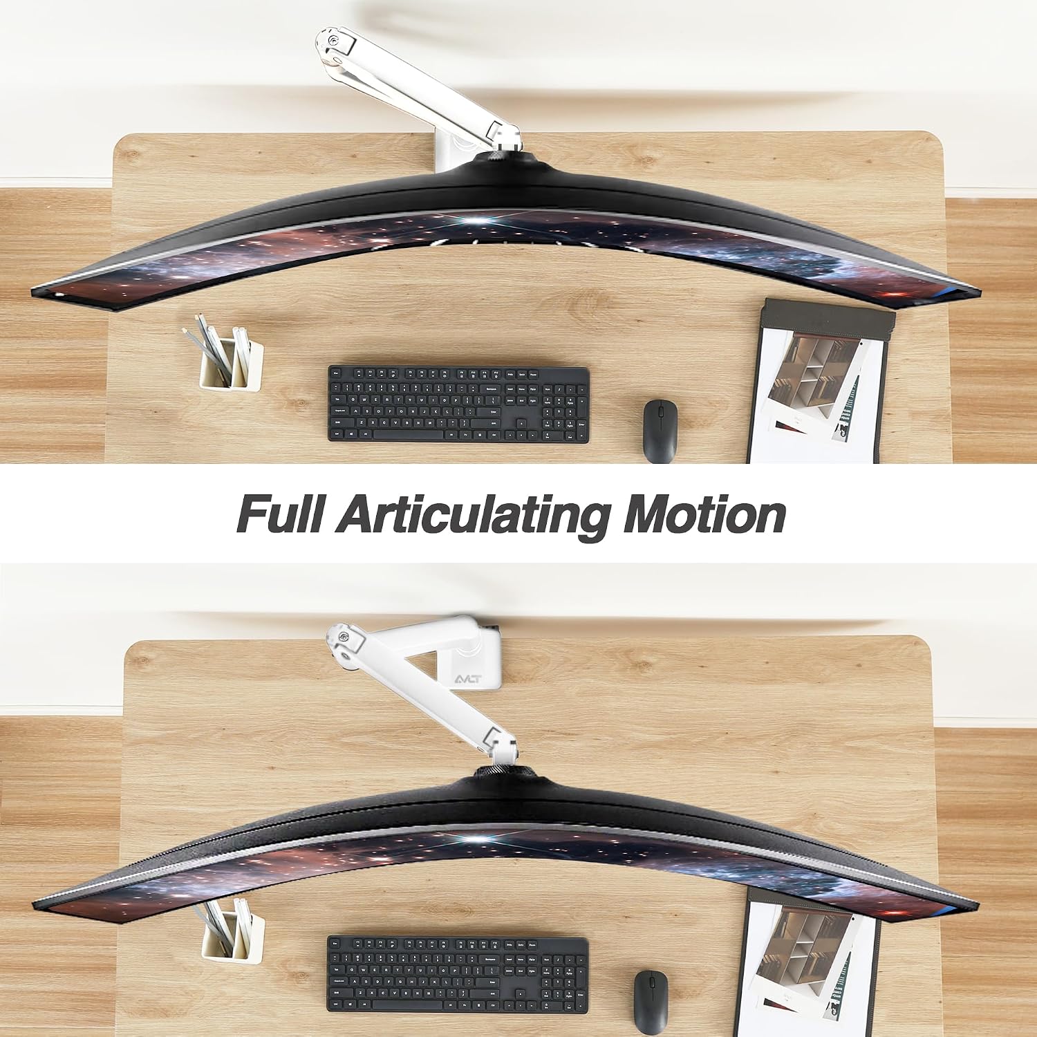 AVLT Single 17'-49' Super Ultrawide Monitor Arm for Screens Up to 50 lbs, Premium Aluminum Desk Stand, Adjustable Pneumatic Height, Full Motion Swivel Tilt Rotation, USB 3.0 & AUX Ports, White
