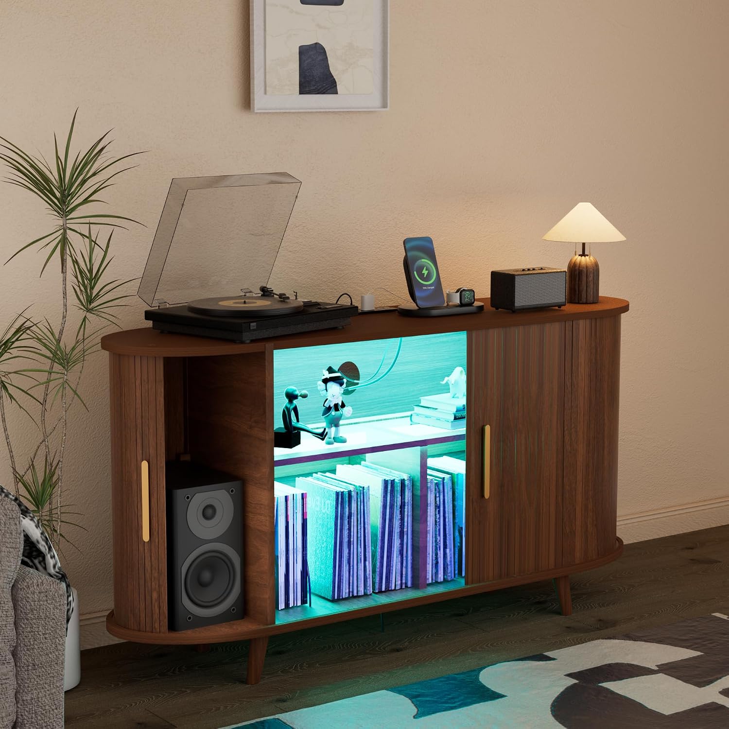 Vinyl Record Player Stand with LED Lights & Charging Station, Large Record Holdert with Sliding Door for Turntable, Speakers, Modern Media Cabinet for Living Room Bedroom (Walnut, 55in)