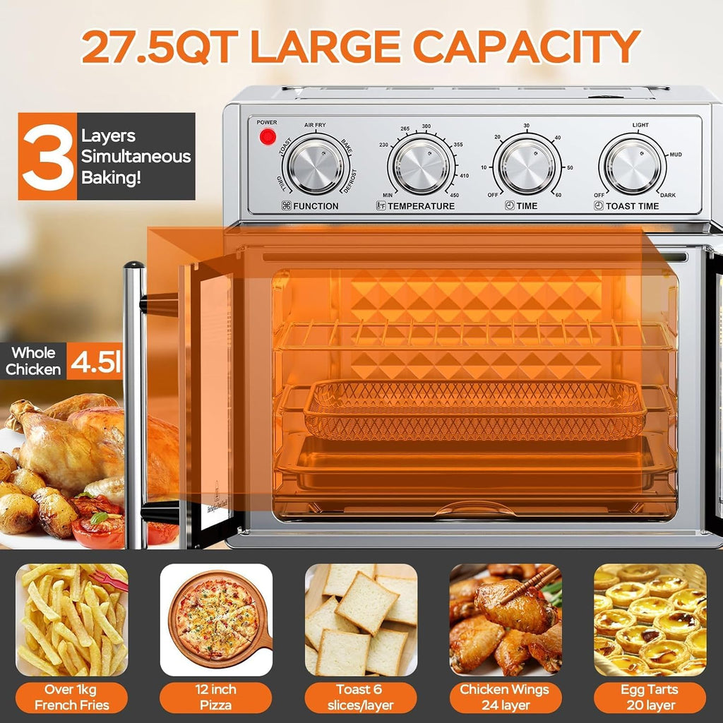 PlumChef 27.5 Quart Extra Large 6 Slices Air Fryer Convection Toaster Oven, French Door, 1700W, Multifunction Oven for Air Fryer, Toast, Grill, Defrost, Bake (Stainless Steel)