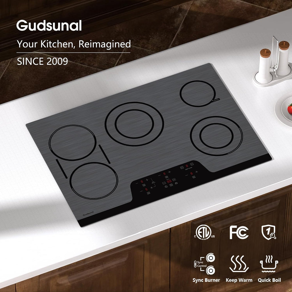 30 Inch Electric Cooktop 5 Burners, ETL & FCC Certificated, Sync Burner, Quick Boil, Keep Warm, 9 Heating Level, Timer, Child Lock & Auto Shutdown, Drop-in Electric Stove Top,Grey