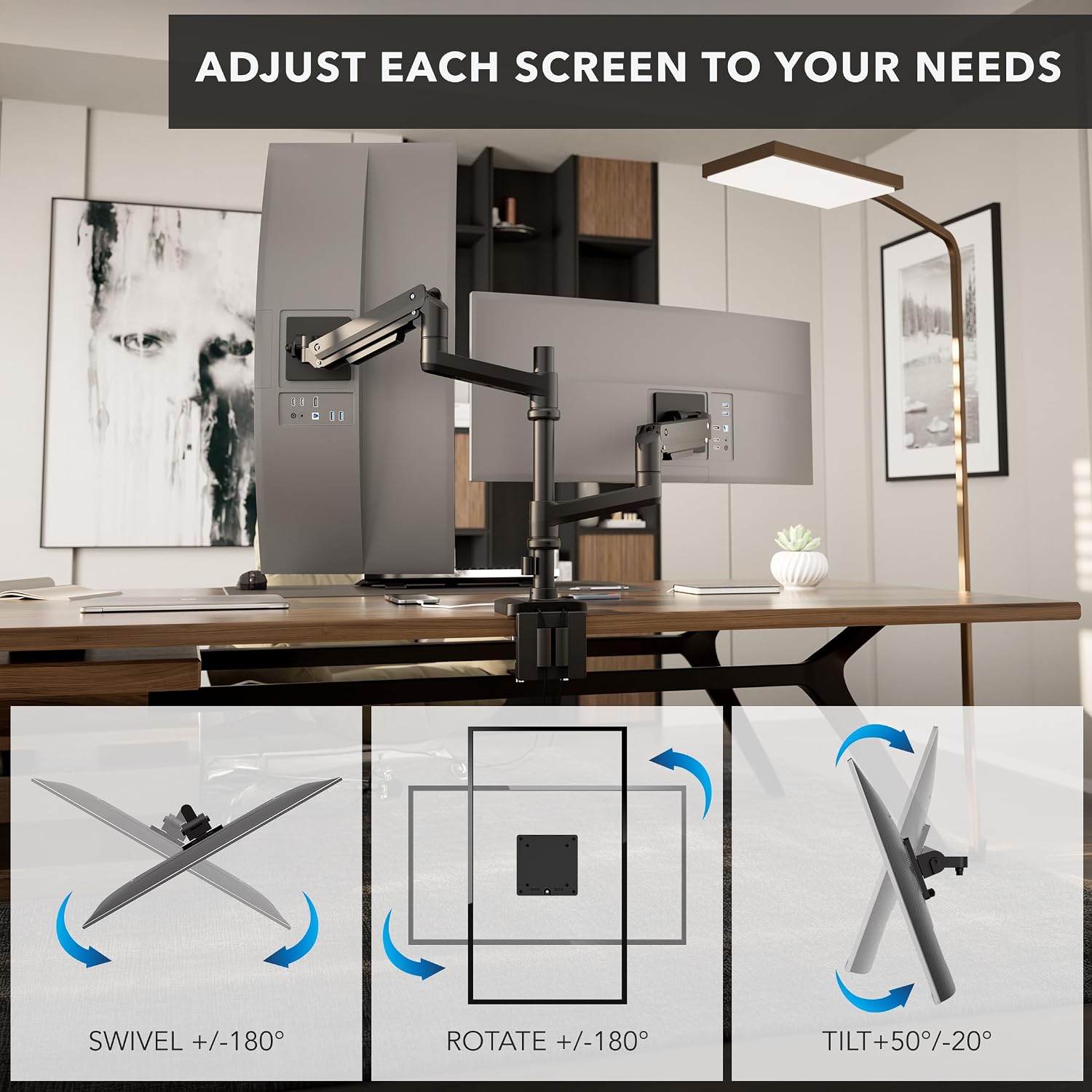 Mount-It! Proflex Series Stacking Dual Ultrawide Monitor Arm for 17–49' Screens, Height-Adjustable Pole, Heavy Duty Gas Spring, USB-C & USB 3.0, Full Motion, VESA 75/100, Clamp or Grommet