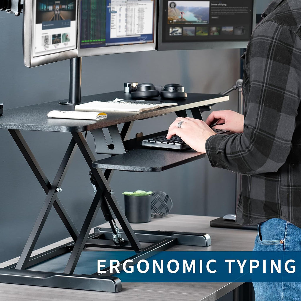 VIVO Height Adjustable 48 inch Standing Desk Converter with Triple 21.5 to 27 inch Monitor Mount, Extra Large Desk Riser, Black, DESK-KIT-48KB3C