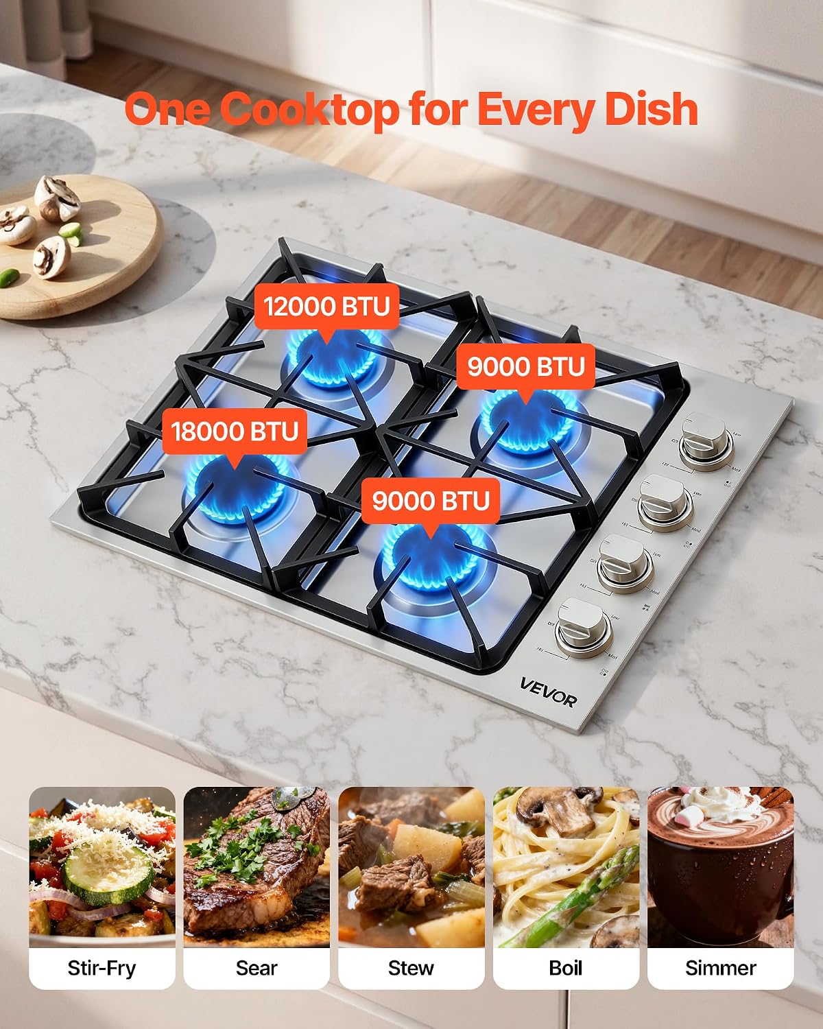 VEVOR Gas Cooktop, 30 inch 4 Burners Gas Stove Top, Max 48000BTU Built-in Stainless Steel Stove Top LPG/NG Convertible Dual Fuel Cooktop Stoves with Sealed Burner for Sear, Stew, Boil, Stir-Fry