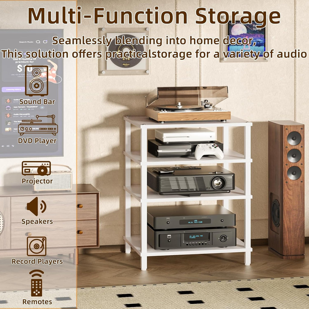 LELELINKY 4-Tier AV Media Player Stand Set of 2, White Stereo Cabinet, Wooden TV Stand,Game Console Shelf, Multifunctional Entertainment Center, Suitable for Home, Conference Room, Game Studio