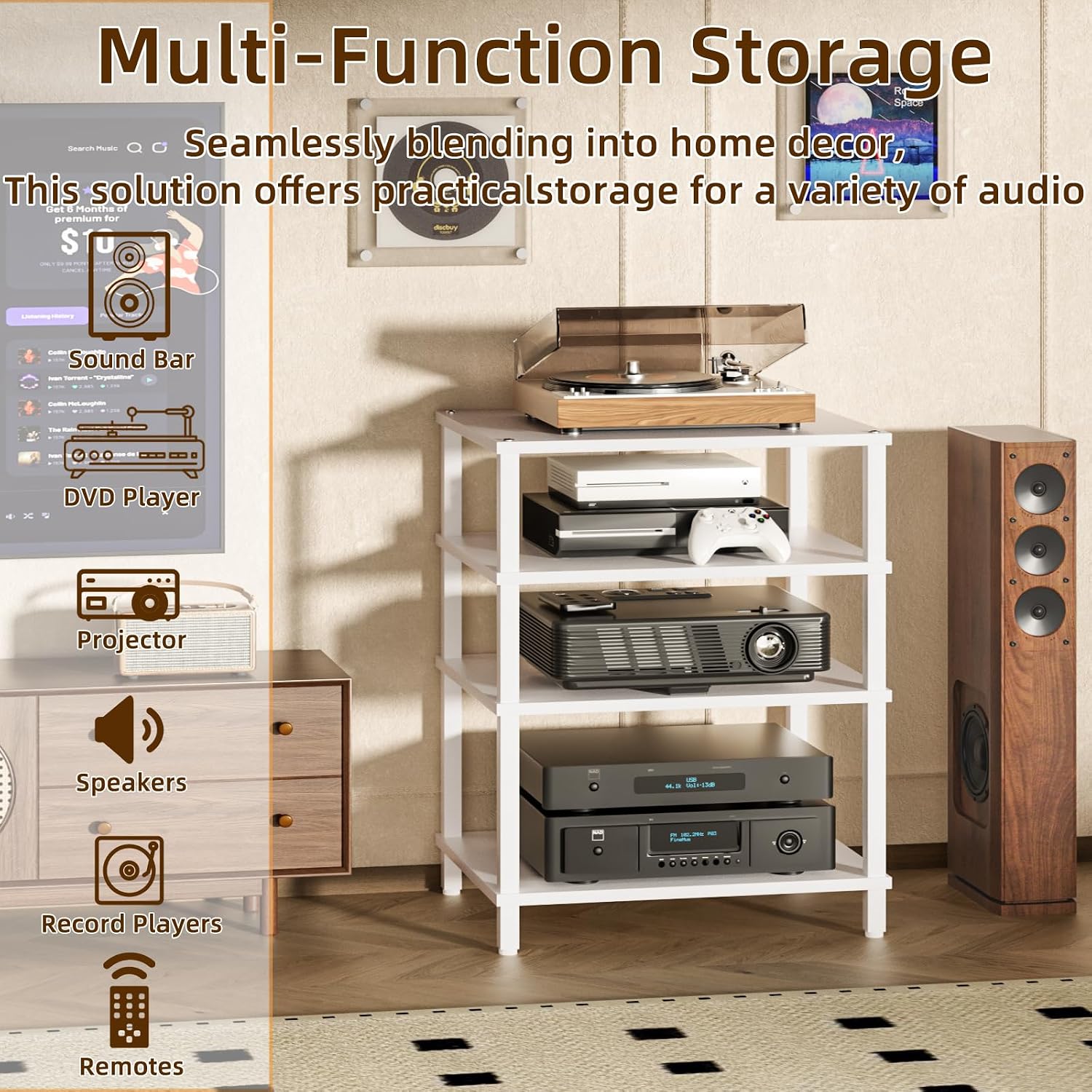 LELELINKY 4-Tier AV Media Player Stand Set of 2, White Stereo Cabinet, Wooden TV Stand,Game Console Shelf, Multifunctional Entertainment Center, Suitable for Home, Conference Room, Game Studio