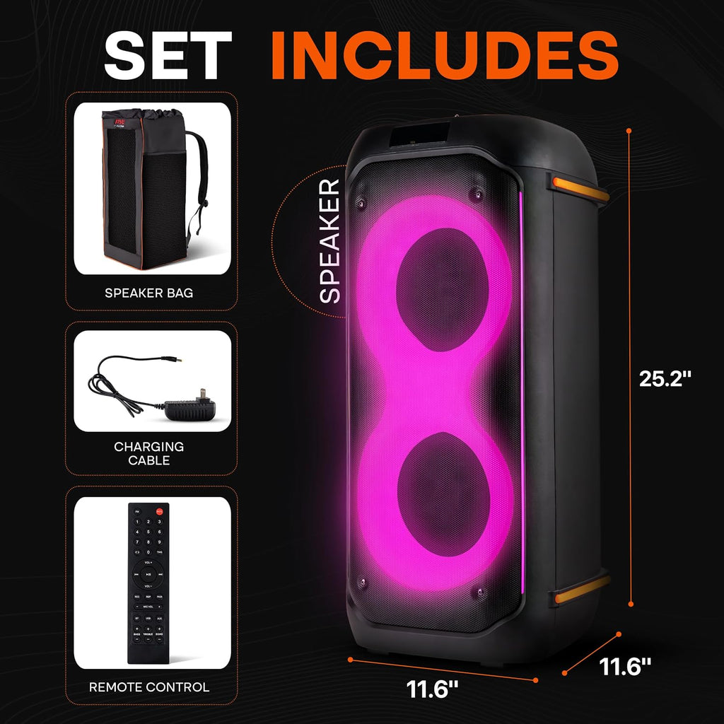 Pyle Compact Bluetooth PA Party Speaker System, 160W Dual 6.5' Karaoke Machine with Mic, Rechargeable Battery, USB/SD/BT/FM Radio, TWS Function & Party Lights, Speaker Bag Included, 11.8'x11.8'x26.4'