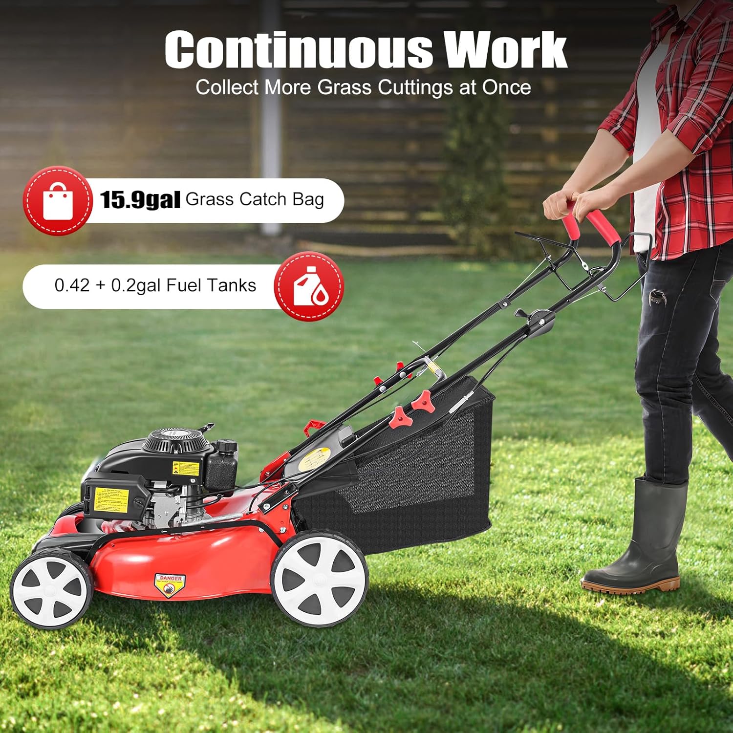 21Inch Self Propelled Gas Lawn Mower, 4-Stroke 140CC 3-in-1 Rear Wheel Drive Variable Speed Lawnmower Walk Behind Handle Lawn Mower with 60L Capacity Bag, 4KW 2800RPM 8-Position Height Adjustable