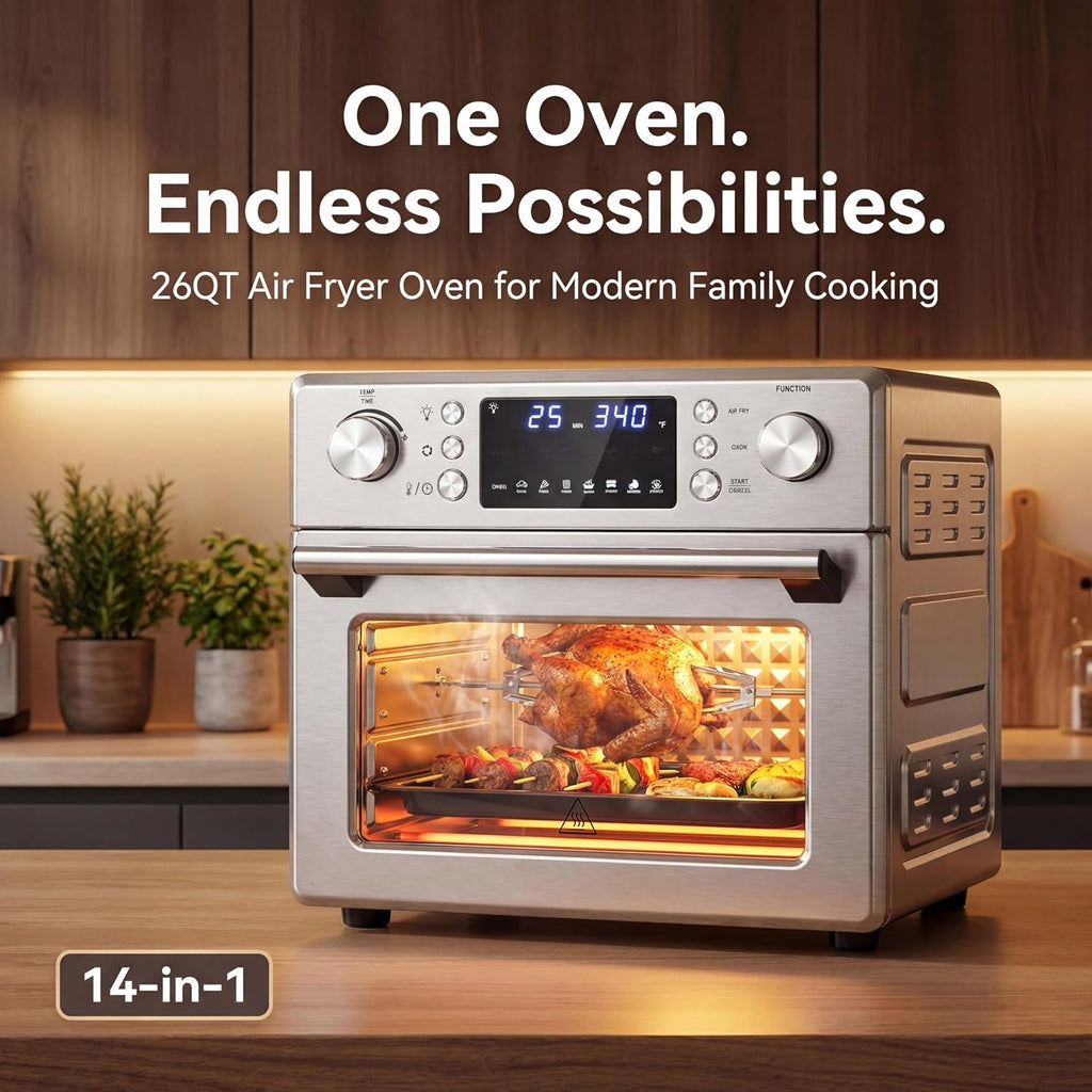 SIMOE Air Fryer Oven 26QT, 14-in-1 Toaster Oven Air Fryer Combo with 1700W Convection, Stainless Steel Countertop Oven with Rotisserie, Dehydrate & Pizza