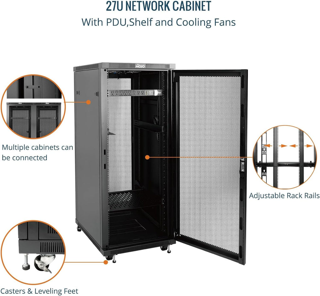 Tecmojo Network Rack Cabinet,27U Server Rack,31.5 Inch Depth,Hold Up to 1800Lbs,Lockable Cabinet with Casters and Complete Accessories,Mesh Door,for Home,Office,Small Business (27U 23.6' w*31.5' d)