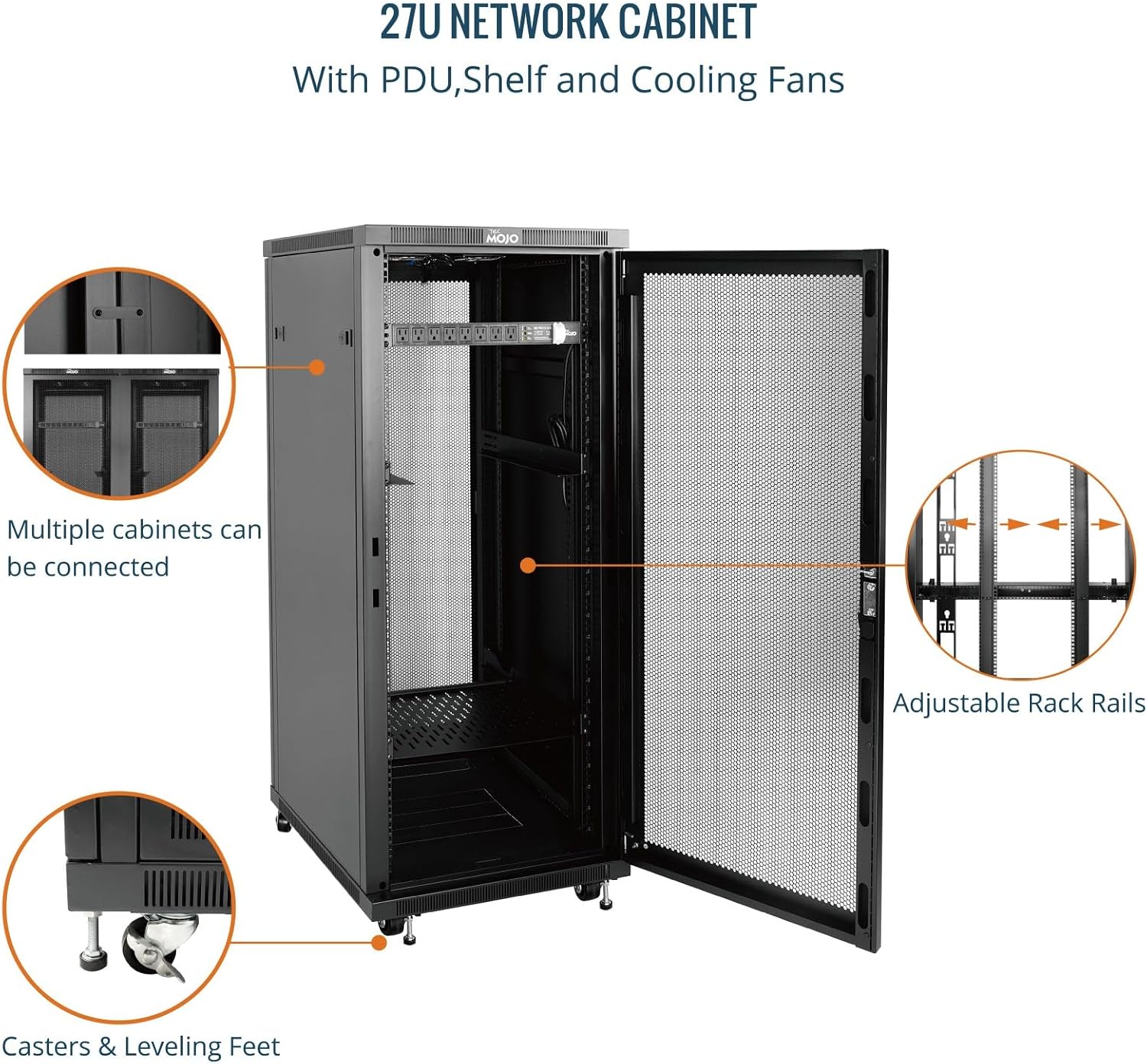 Tecmojo Network Rack Cabinet,27U Server Rack,31.5 Inch Depth,Hold Up to 1800Lbs,Lockable Cabinet with Casters and Complete Accessories,Mesh Door,for Home,Office,Small Business (27U 23.6' w*31.5' d)