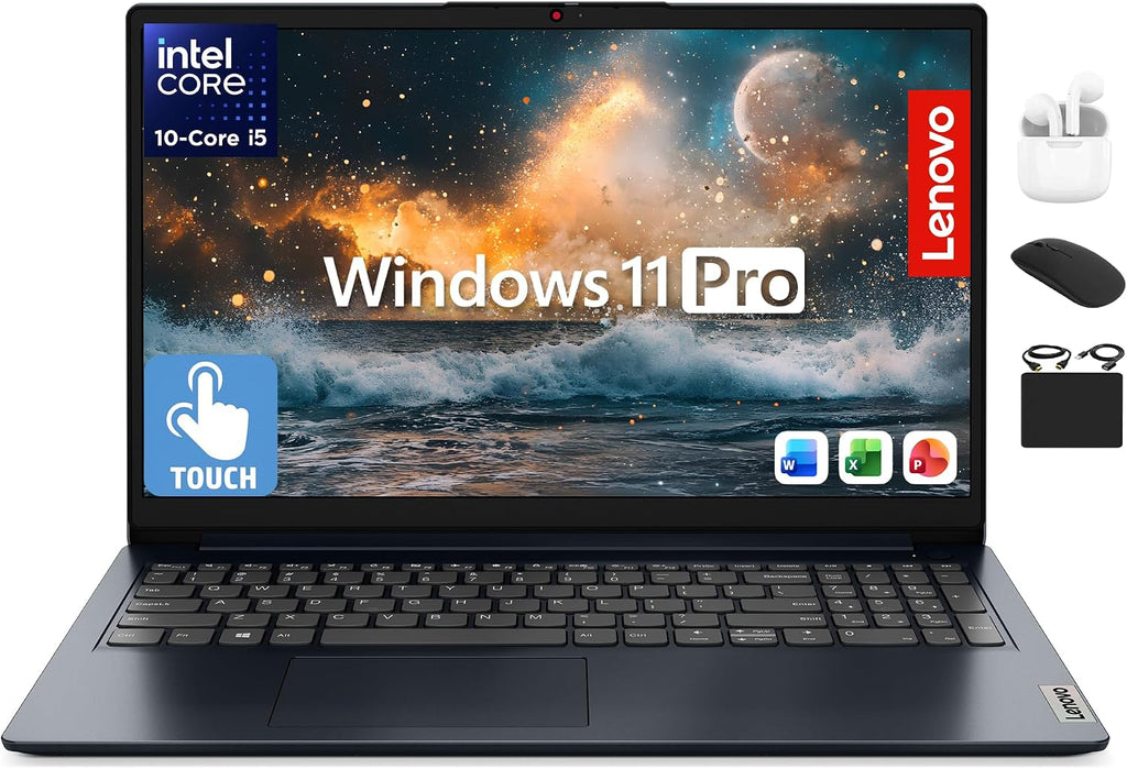 Lenovo IdeaPad 15.6' Flagship Touchscreen Laptop 2025, 10-Core Intel i5, Lifetime Office 2024, Copilot AI, 16GB RAM, 1TB Storage (500GB SSD + 500GB Ext), HubxcelAccessory, Long Battery, Win 11 Pro
