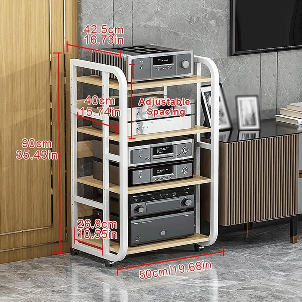 Audio Rack Stereo Rack Adjustable Audio Equipment Rack Audio Open Rack Cabinet Wooden with Wheels HiFi Rack Audio-Video Shelving(Wei�,4 Tier)