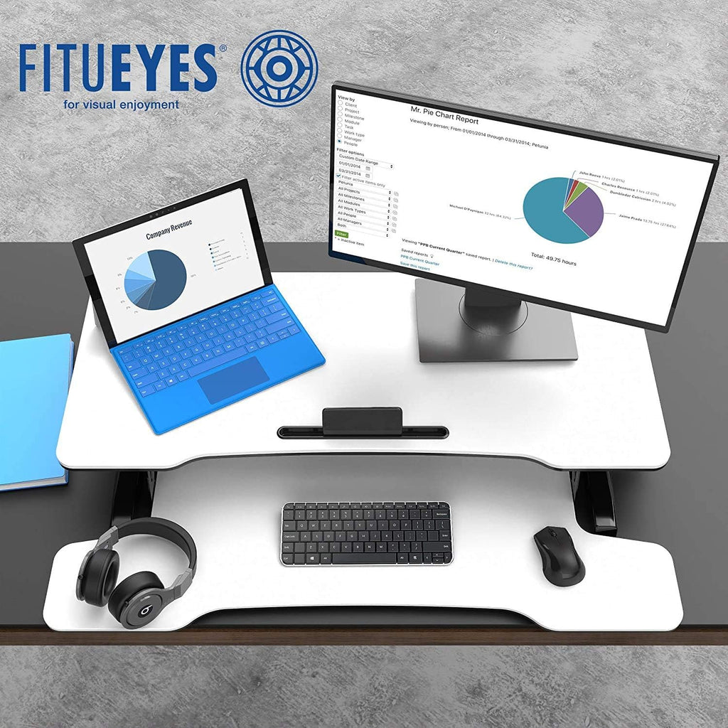 FITUEYES Height Adjustable Standing Desk 36' Wide Sit to Stand Converter Stand Up Desk Tabletop Workstation for Laptops Dual Monitor Riser White SD309103WW