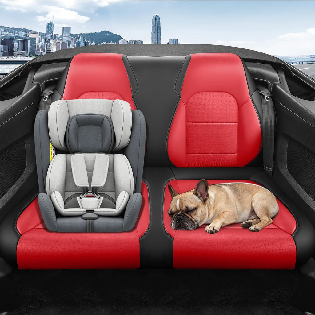 Custom Fit Ford Mustang Convertible Seat Cover 2015 2016 2017 2018 2019 2020 2021 2022 2023 2024 2025 2026, Faux Leather Car Seat Cover Full Set (Convertible-Red+Balck)