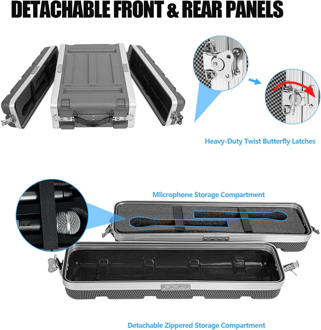 2U ABS Rack Case Shallow 12' Depth, 19' Rackmount Flight Road Travel Case, Waterproof Protective Hard Case with Customized Foam, Wireless Mic System Storage/Amp/Effect/DJ Mixer