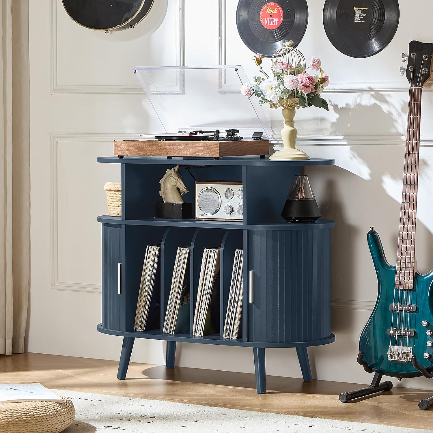 LELELINKY Small Round Record Player Stand with Charging Station & Fluted Panel,Navy Blue Mid Century Modern Turntable Cabinet with Vinyl Storage, Arched Wood Record Player Table for Living Room