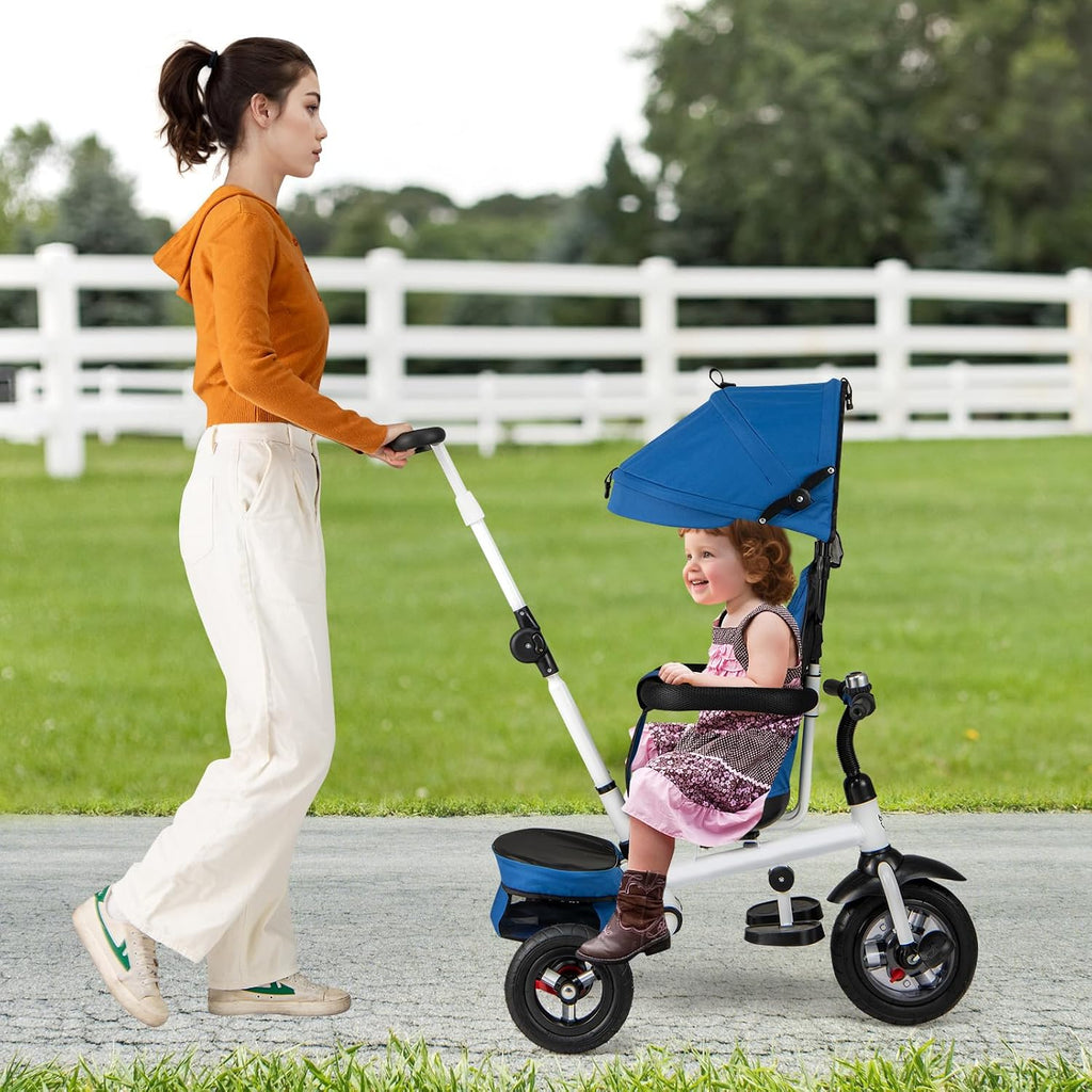 HONEY JOY Tricycle, 5-in-1 Folding Baby Trike Stroller w/Adjustable Handle & Canopy, Reversible Seat, Safety Belt, Folding Pedal, Bell, Storage, Push Tricycle for Toddlers 1-5 Years Old (Blue)