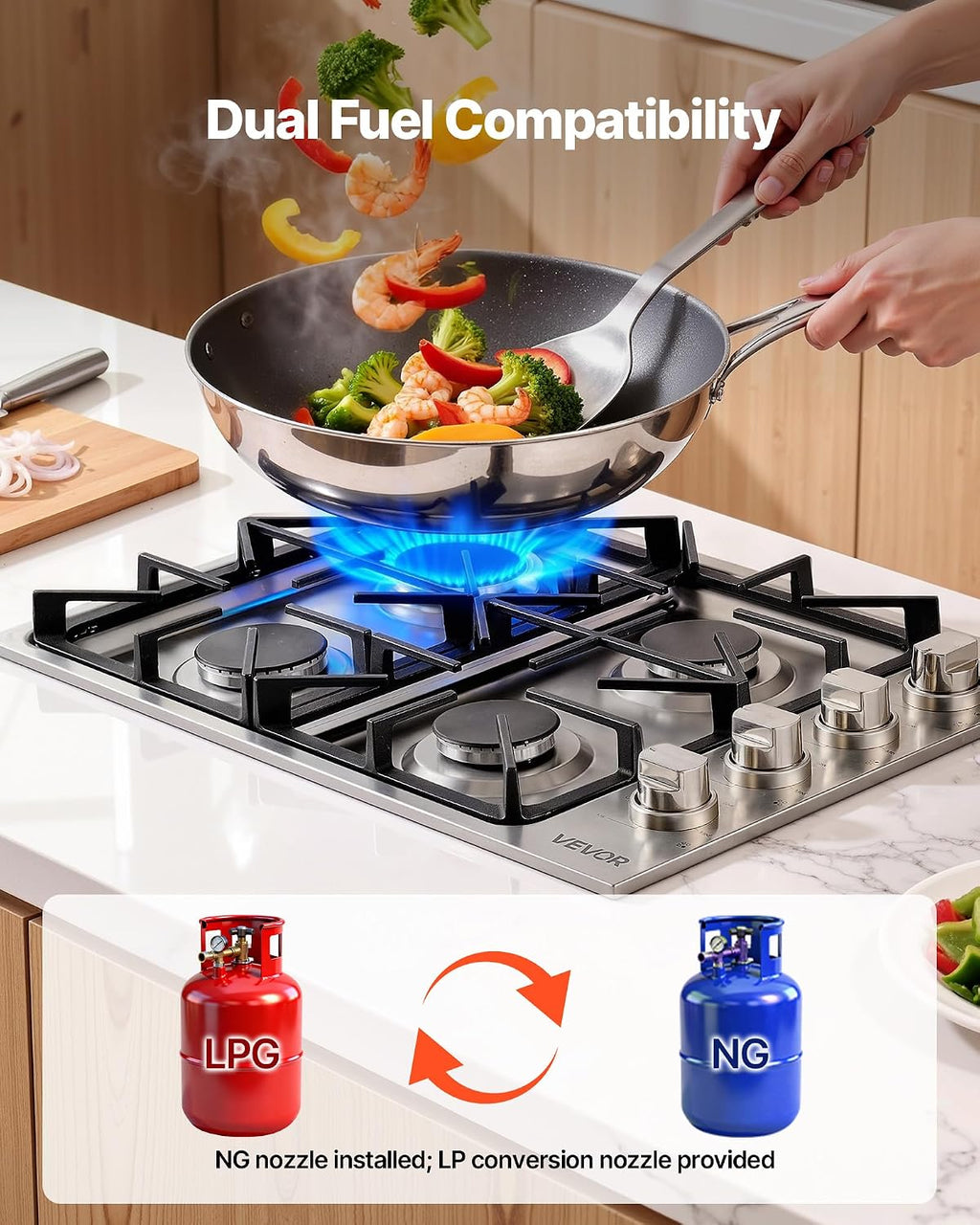 VEVOR Gas Cooktop, 30 inch 4 Burners Gas Stove Top, Max 48000BTU Built-in Stainless Steel Stove Top LPG/NG Convertible Dual Fuel Cooktop Stoves with Sealed Burner for Sear, Stew, Boil, Stir-Fry