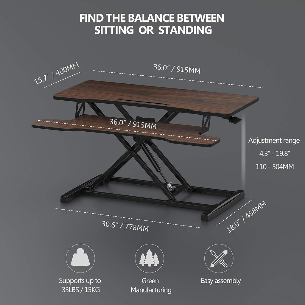FITUEYES Height Adjustable Standing Desk 36' Wide Sit to Stand Converter Stand Up Desk Tabletop Workstation for Laptops Dual Monitor Riser Brown SD309102WE