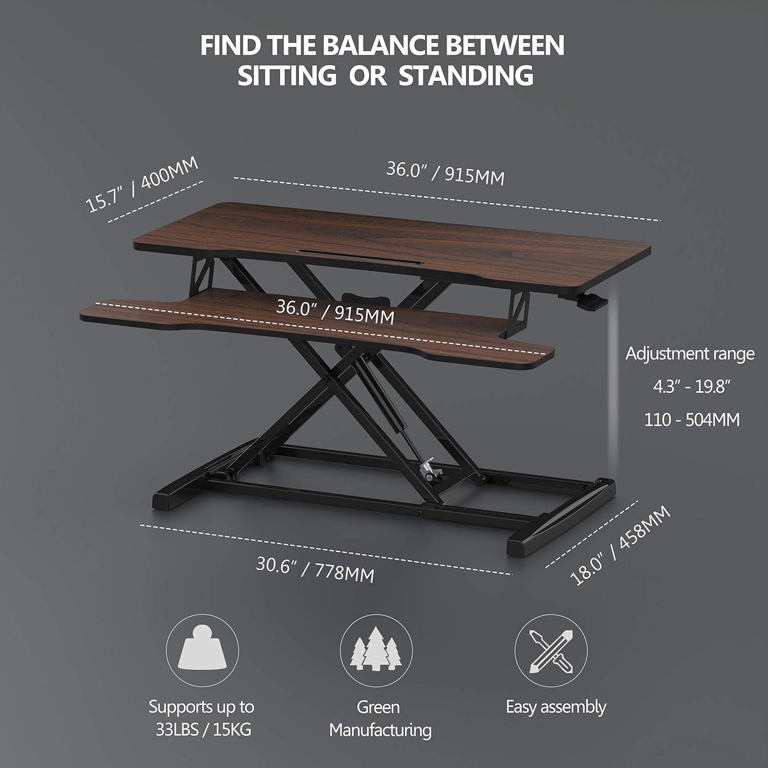 FITUEYES Height Adjustable Standing Desk 36' Wide Sit to Stand Converter Stand Up Desk Tabletop Workstation for Laptops Dual Monitor Riser Brown SD309102WE