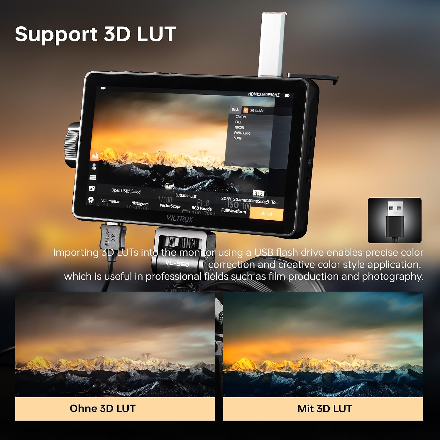 VILTROX DC-A1 Camera Monitor 7'' Touchscreen Camera Field Monitors,2800nits 4K HDMI in/Out,DSLR External Monitor Kit Sunshade Hood,Waveform&Vectorscope,Peaking Focus Assist,3DLUT,False Color Function