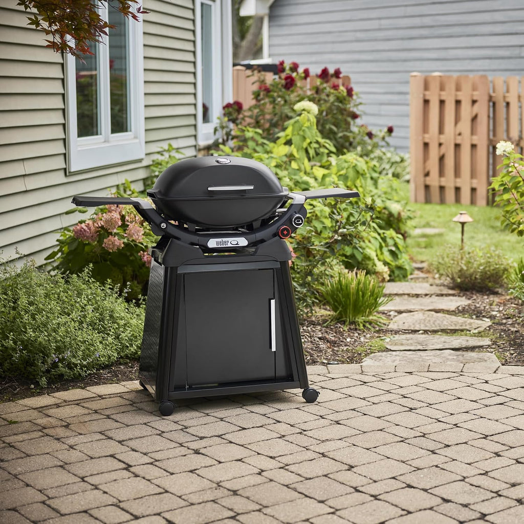 Weber Q 2800N+ Liquid Propane Grill with Stand, Midnight Black – Wide 250°–700°F Temp Range with Plus Burner for Searing, Low‑Temp Roasting & High-Dome Lid