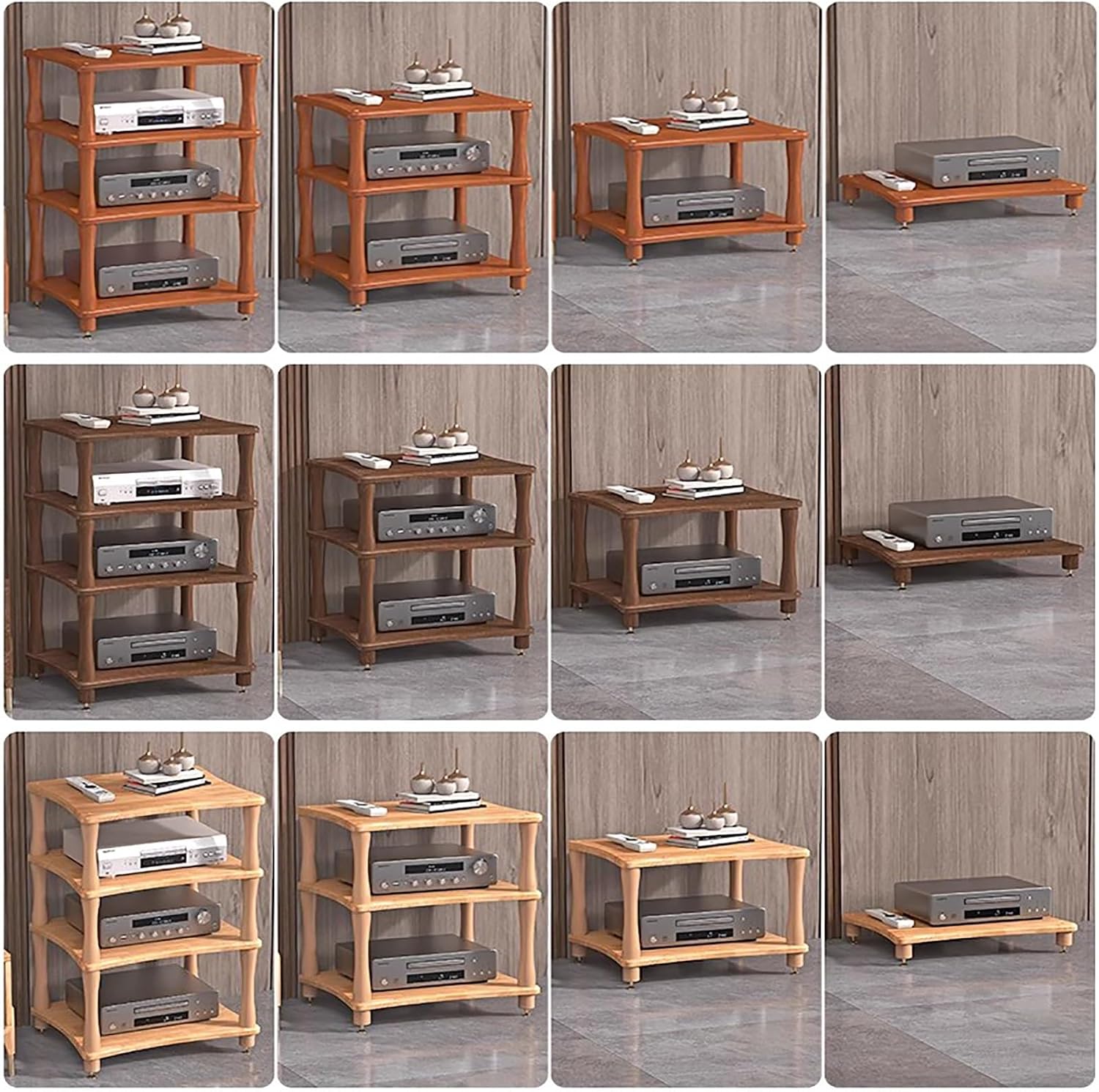 Retro Audio Rack Stand 4-Tier Media Tower for Home Theatre Wooden DVD Holder & Console Shelf Vintage Stereo Cabinet for Gaming & Av Equipment-Brown-3 Tier