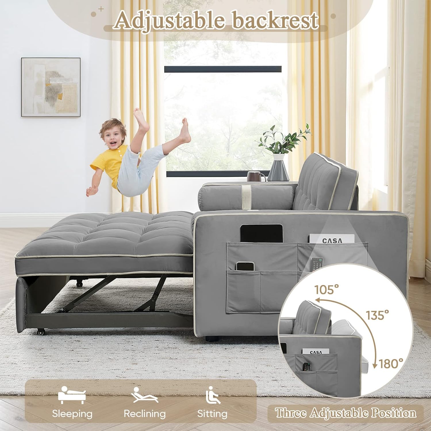 3 in 1 Sleeper Sofa Couch Bed, Small Tufted Velvet Convertible Loveseat Futon Sofa w/Pullout Bed, Adjustable Backrest, Cylinder Pillows for Living Room Apartment, Easy to Assemble, Grey, 55.5'