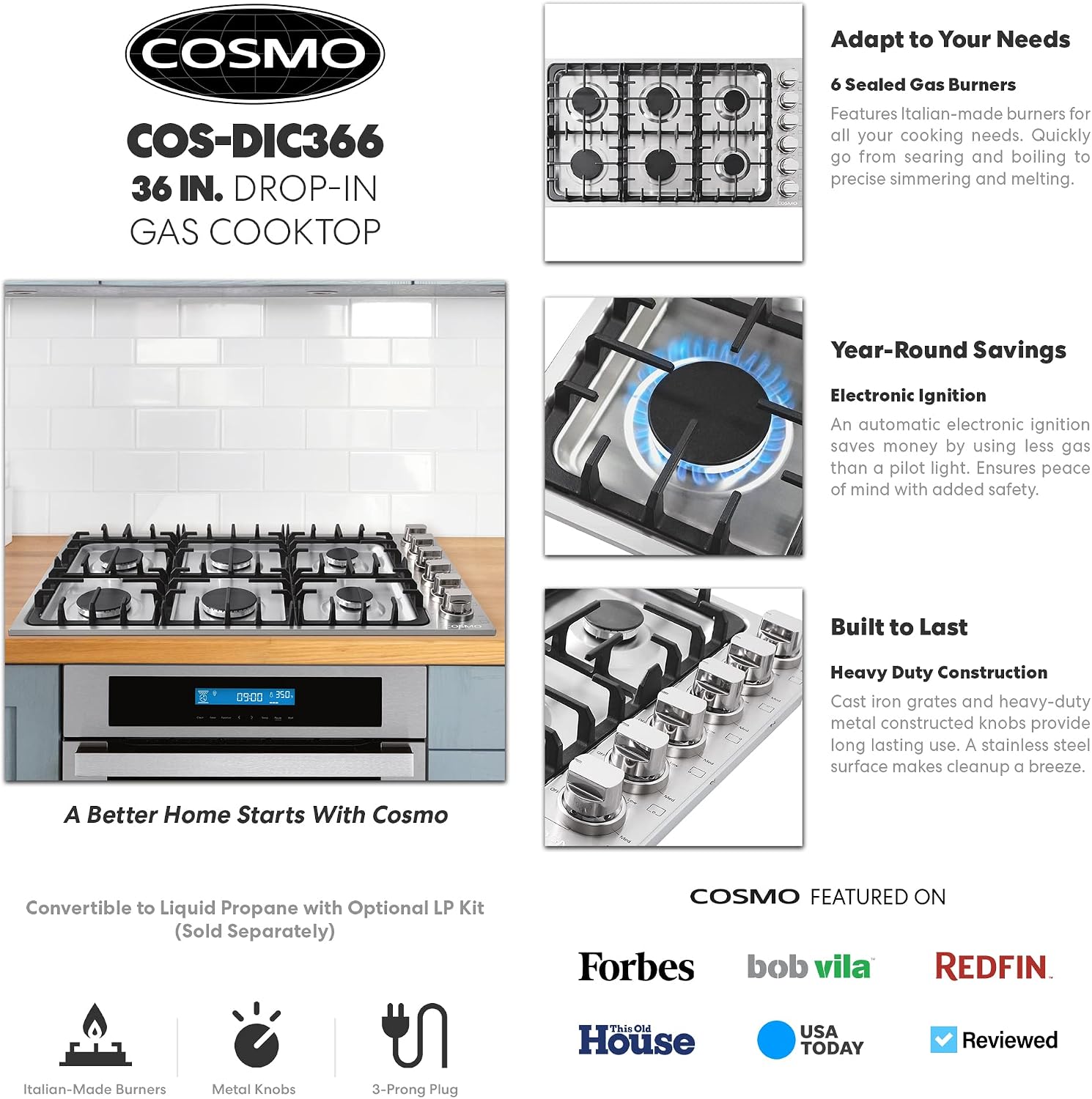 COSMO COS-DIC366 Drop-In Gas Cooktop with 6 Italian Made Sealed Burners, Cast Iron Grates, Metal Knobs, Liquid Propane Convertible, 36 inch, Stainless Steel