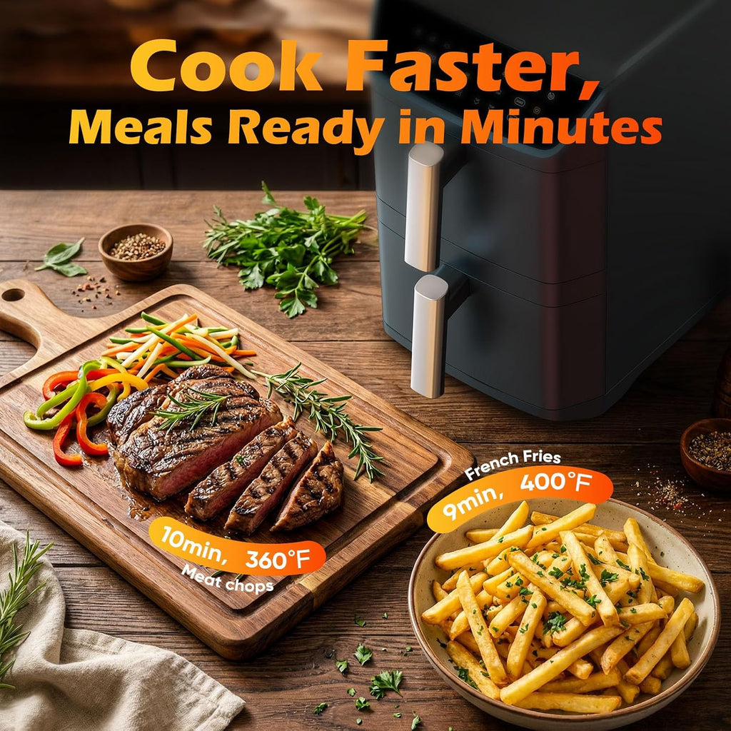 Dual Basket Air Fryer, 12.6QT Family-Size for 10–12 People, XL Basket for 6LB Whole Chicken, DoubleStack Compact Design, 10-in-1 Functions with Reheat, Dehydrate & SyncFinish, Dishwasher-Safe, Gray