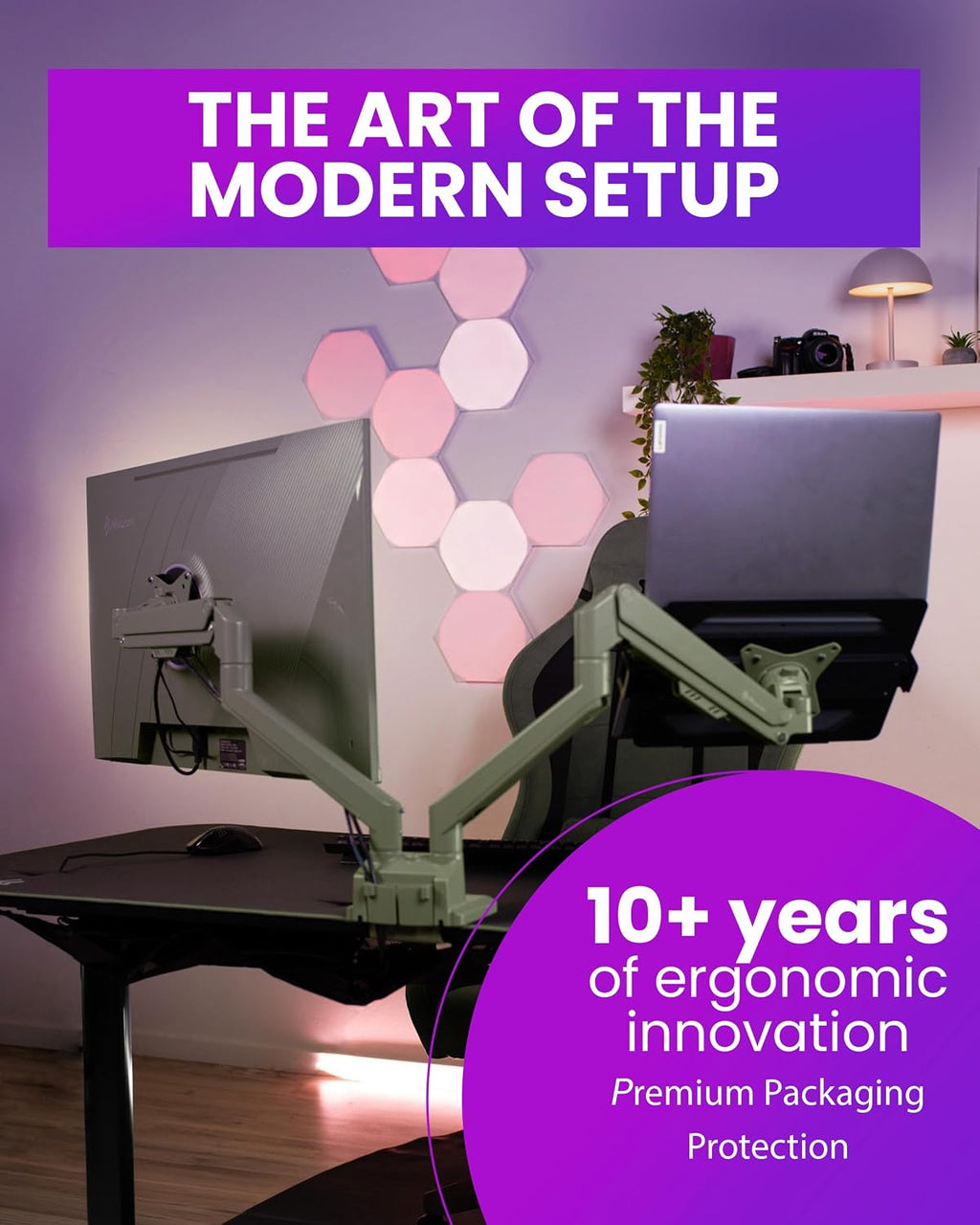 Arozzi Alzare Neo Duo Dual Gas Spring Monitor Arm - 2 Independent Arms, 17':34' Monitors, VESA 75/100, 360 Rotation, Up to 20 lbs Each, Cable Management, C-Clamp & Grommet Included - Forest Green
