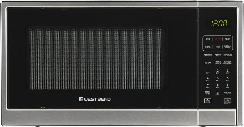 West Bend 3-in-1 Microwave Air Fryer Convection Oven 1000-Watts with 10 Power Levels and 12 Presets, Speed Defrost, Electronic Control Panel and Glass Turntable, 1.3-Cu.Ft., Stainless Steel