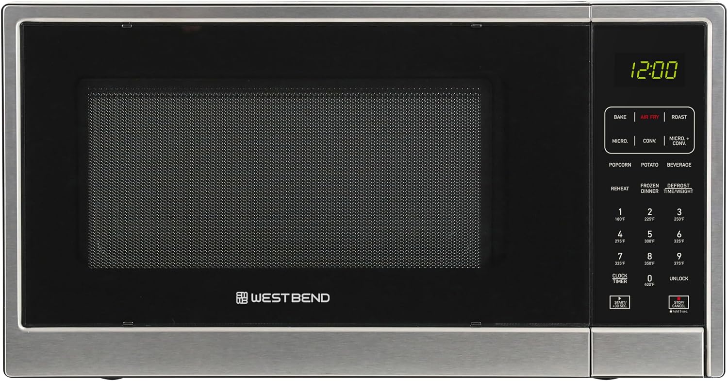 West Bend 3-in-1 Microwave Air Fryer Convection Oven 1000-Watts with 10 Power Levels and 12 Presets, Speed Defrost, Electronic Control Panel and Glass Turntable, 1.3-Cu.Ft., Stainless Steel