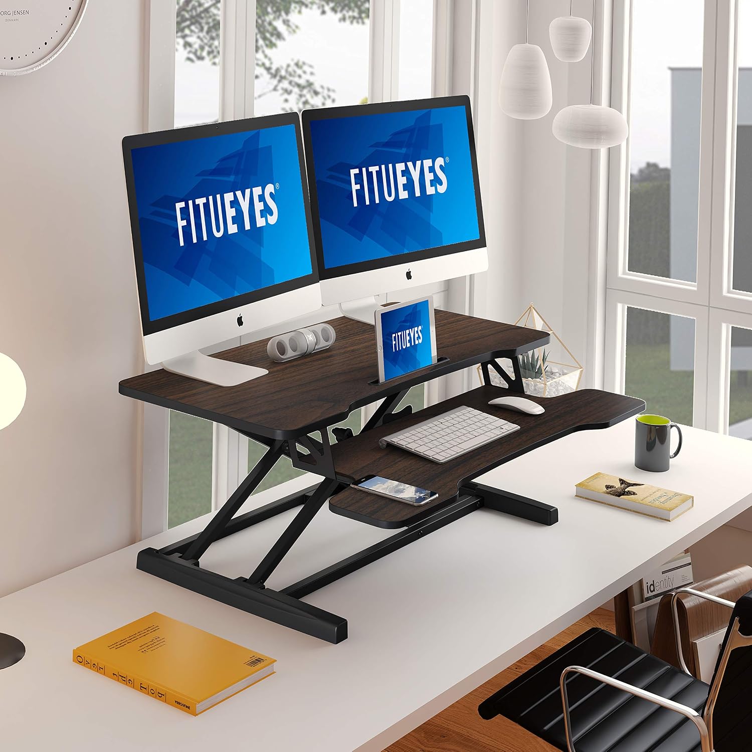 FITUEYES Height Adjustable Standing Desk 36' Wide Sit to Stand Converter Stand Up Desk Tabletop Workstation for Laptops Dual Monitor Riser Brown SD309102WE